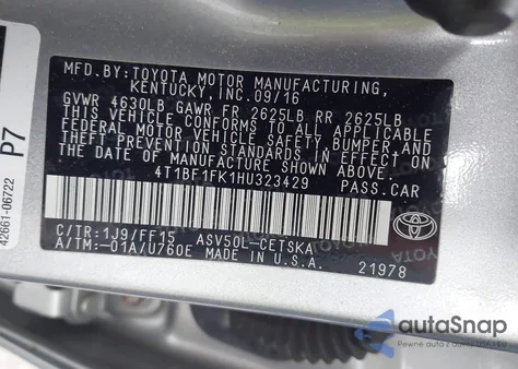 2017 Toyota Camry Se from USA, damaged, VIN 4T1BF1FK1HU323429